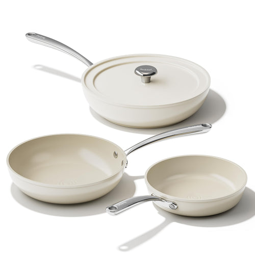 Redchef Alu-Keramik Bratpfannenset Induktion - Beige 20/24/28 cm. Beiges Aluminium-Set mit Keramikbeschichtung für Induktionsherde zum Braten.