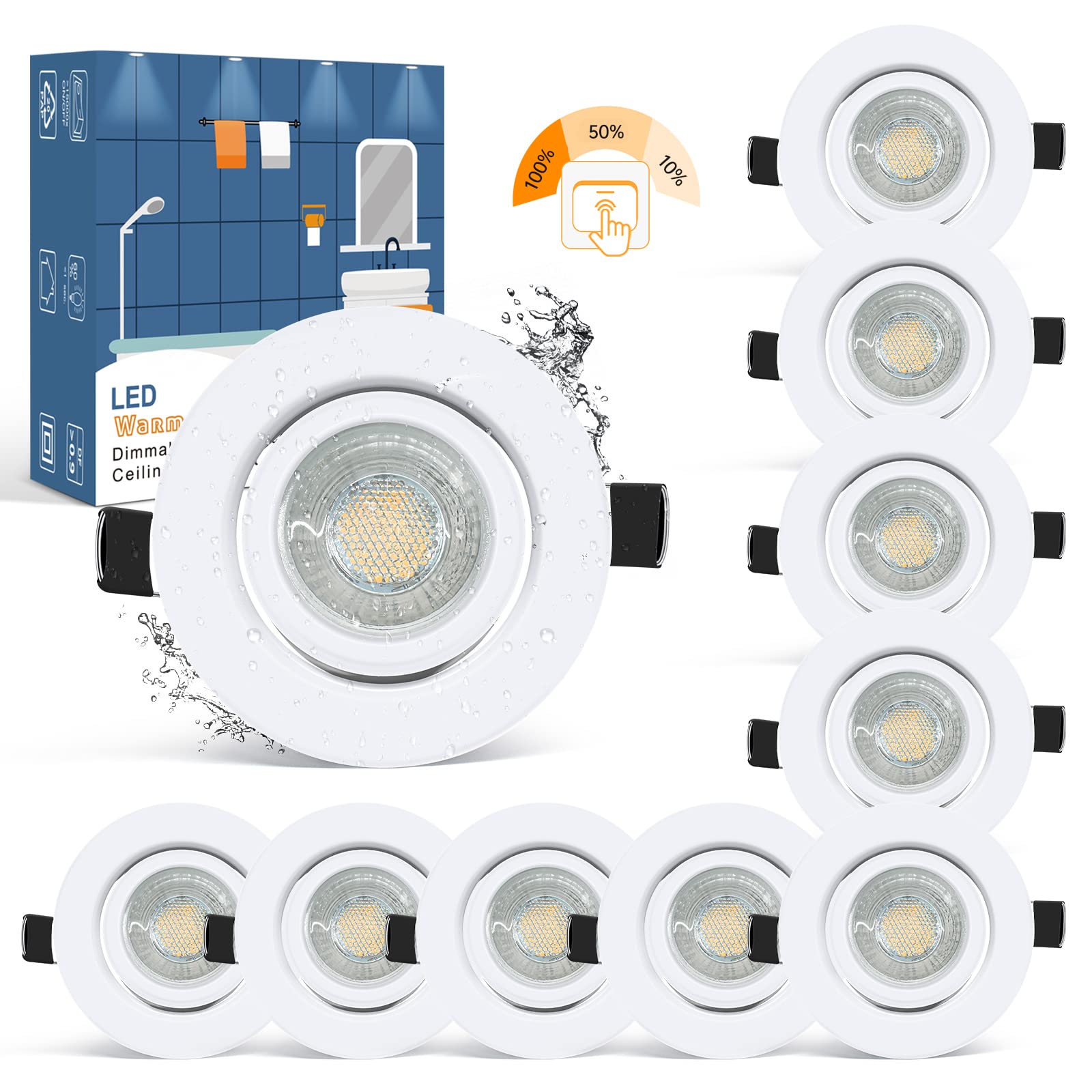 wowatt LED Einbaustrahler 10er 7W Weiss - Dimmbar IP44 Warmweiss. Rund, weiß. Liefert dimmbares Warmweißlicht für Feuchträume.