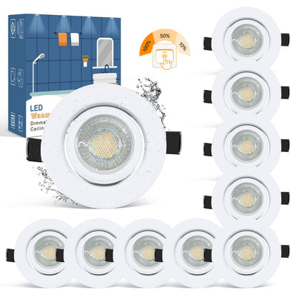 wowatt LED Einbaustrahler 10er 7W Weiss - Dimmbar IP44 Warmweiss. Rund, weiß. Liefert dimmbares Warmweißlicht für Feuchträume.