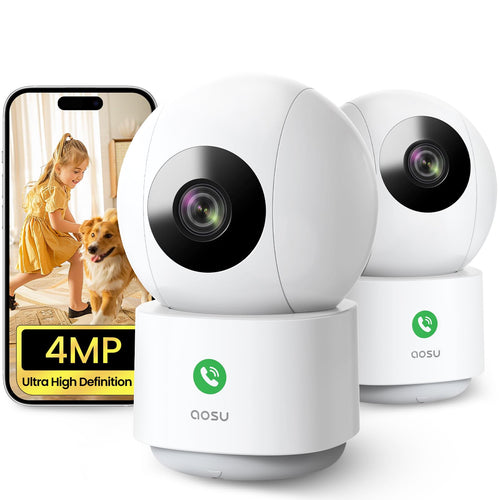 aosu 4MP Innen WLAN Überwachungskamera Homekit - 2er Set. Zwei weiße Kameras überwachen Innenräume per WLAN/HomeKit.