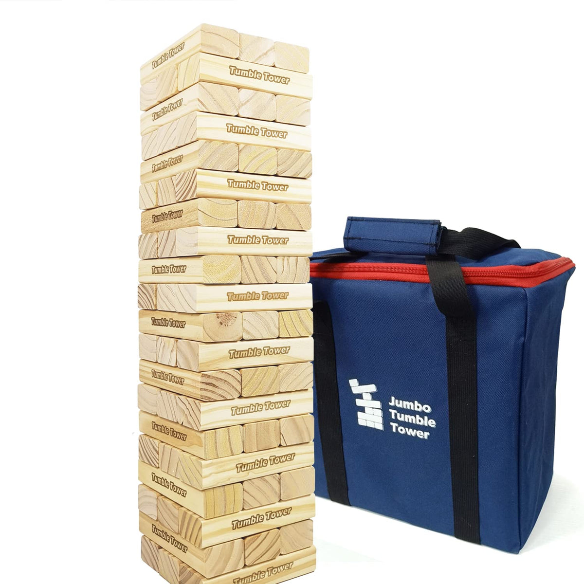 Jac & Mok Jumbo Tumble Tower Wackelturm aus Kiefernholz, 60 Blöcke – Stapelspiel mit Tragetasche