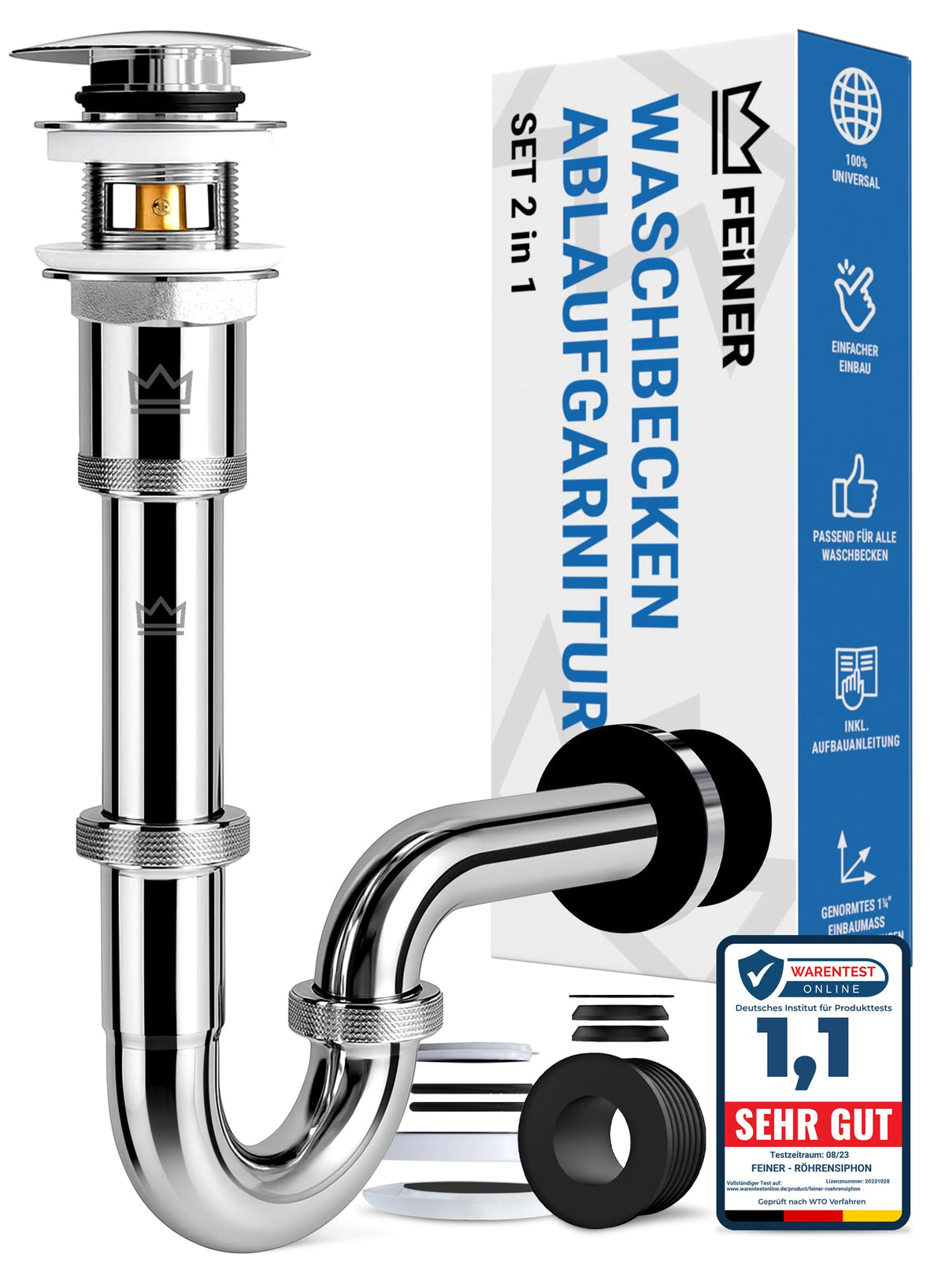 FEINER Ablaufgarnitur mit Überlauf und Siphon für Waschbecken aus Edelstahl