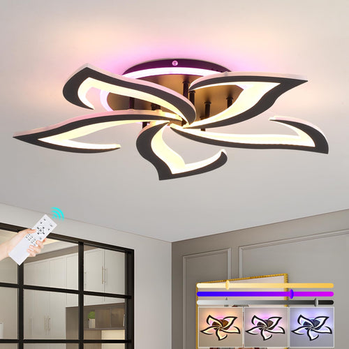 ZAITINZ LED Deckenleuchte 5 Blütenblätter Dimmbar – Schwarz. Fünf schwarze, blütenblattförmige Elemente beleuchten den Raum mit dimmbarem LED-Licht.