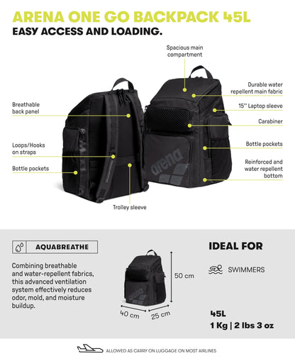 ARENA One Go Schwimmrucksack 45 L mit Laptopfach, wasserabweisend