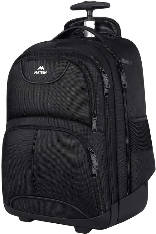 MATEIN Business Trolley Reiserucksack 17 Zoll – Schwarz. Schwarzer Trolley-Rucksack mit Rollen und Laptopfach für Reisen.