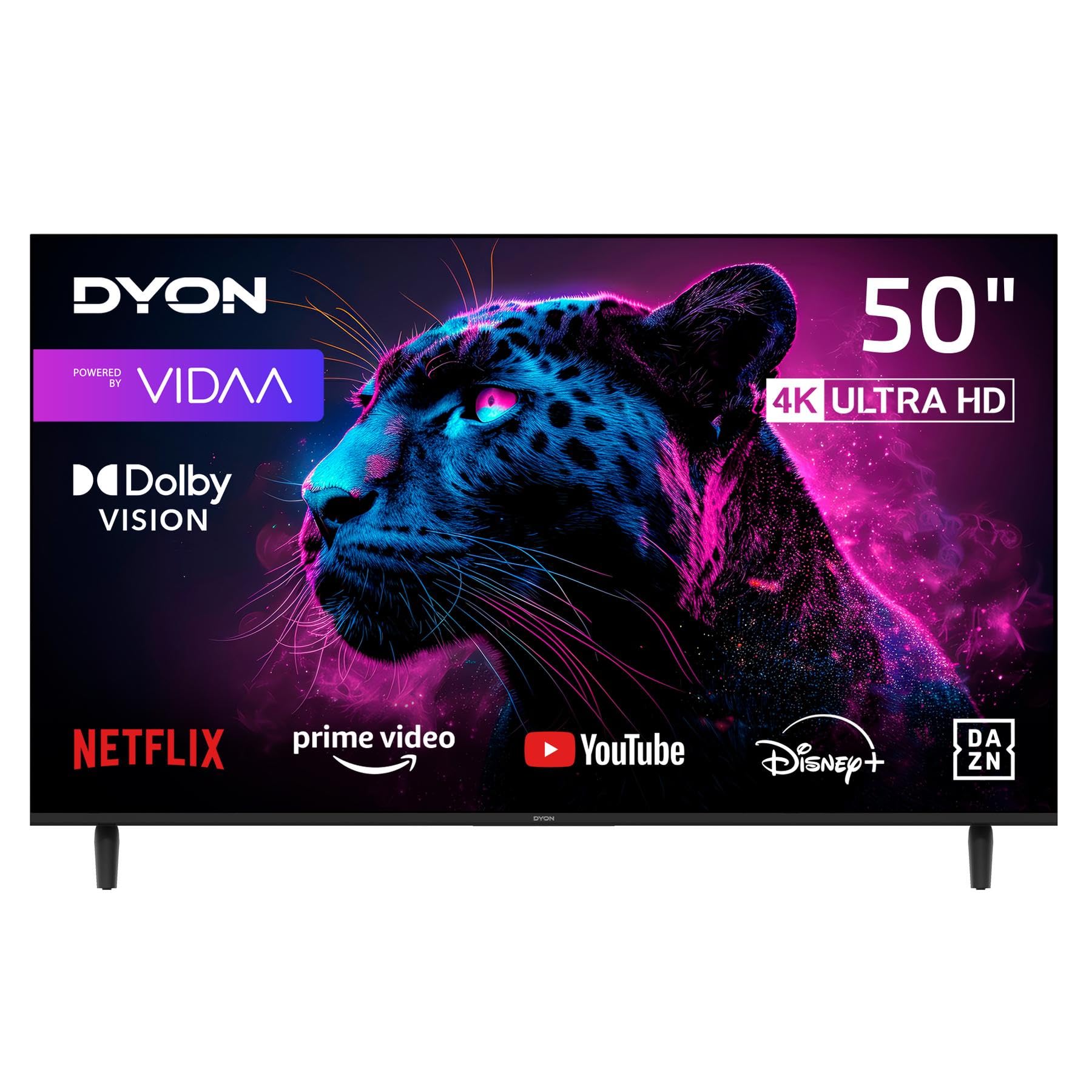 DYON Movie Smart 50 VX 50 Zoll 4K UHD Smart TV mit Triple Tuner. Schwarzer, rechteckiger Smart TV für 4K UHD Inhalte.