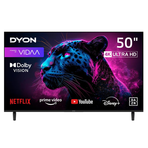 DYON Movie Smart 50 VX 50 Zoll 4K UHD Smart TV mit Triple Tuner. Schwarzer, rechteckiger Smart TV für 4K UHD Inhalte.
