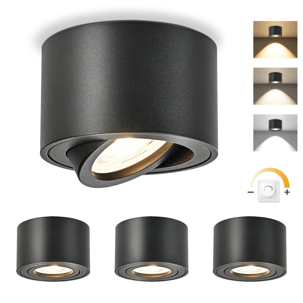 GeyouLux LED Aufbauspot dimmbar, 3CCT Deckenspot schwarz, 4 Stück – rund, Aluminium, schwenkbarer Frontring