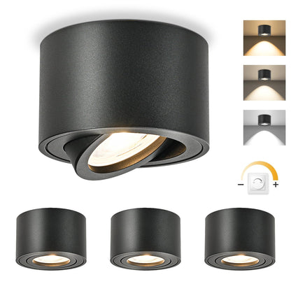 GeyouLux LED Aufbauspot dimmbar, 3CCT Deckenspot schwarz, 4 Stück – rund, Aluminium, schwenkbarer Frontring