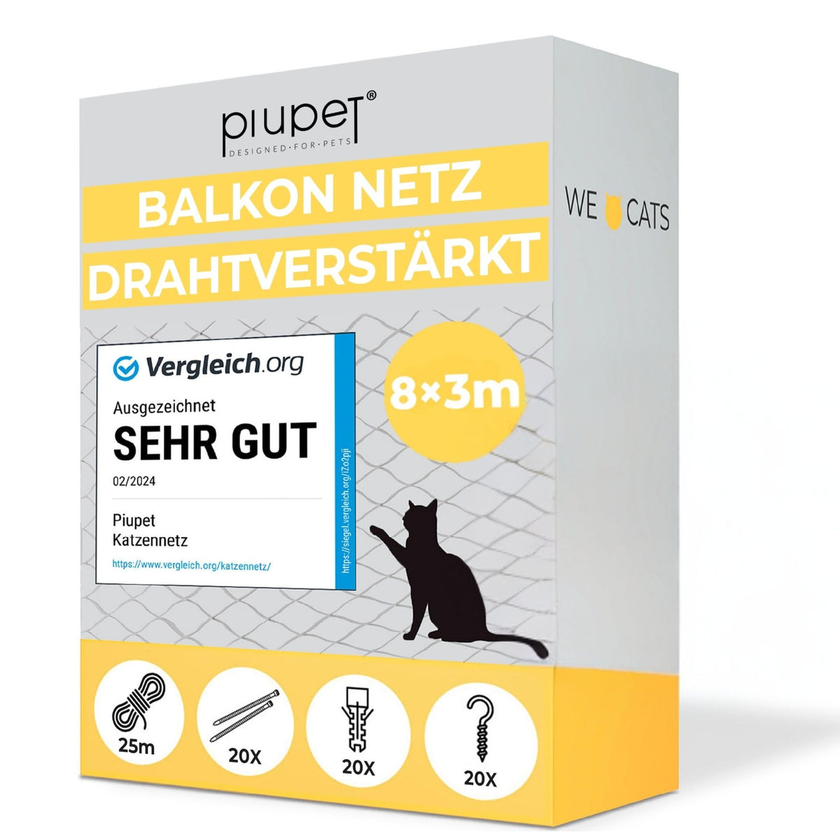 PiuPet Katzennetz drahtverstärkt 8x3m schwarz inkl. Befestigungsset, PE-Netz mit 3 x 3 cm Maschen