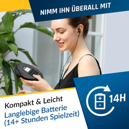 KLIM Nomad Tragbarer CD-Player mit Bluetooth und Kopfhörer