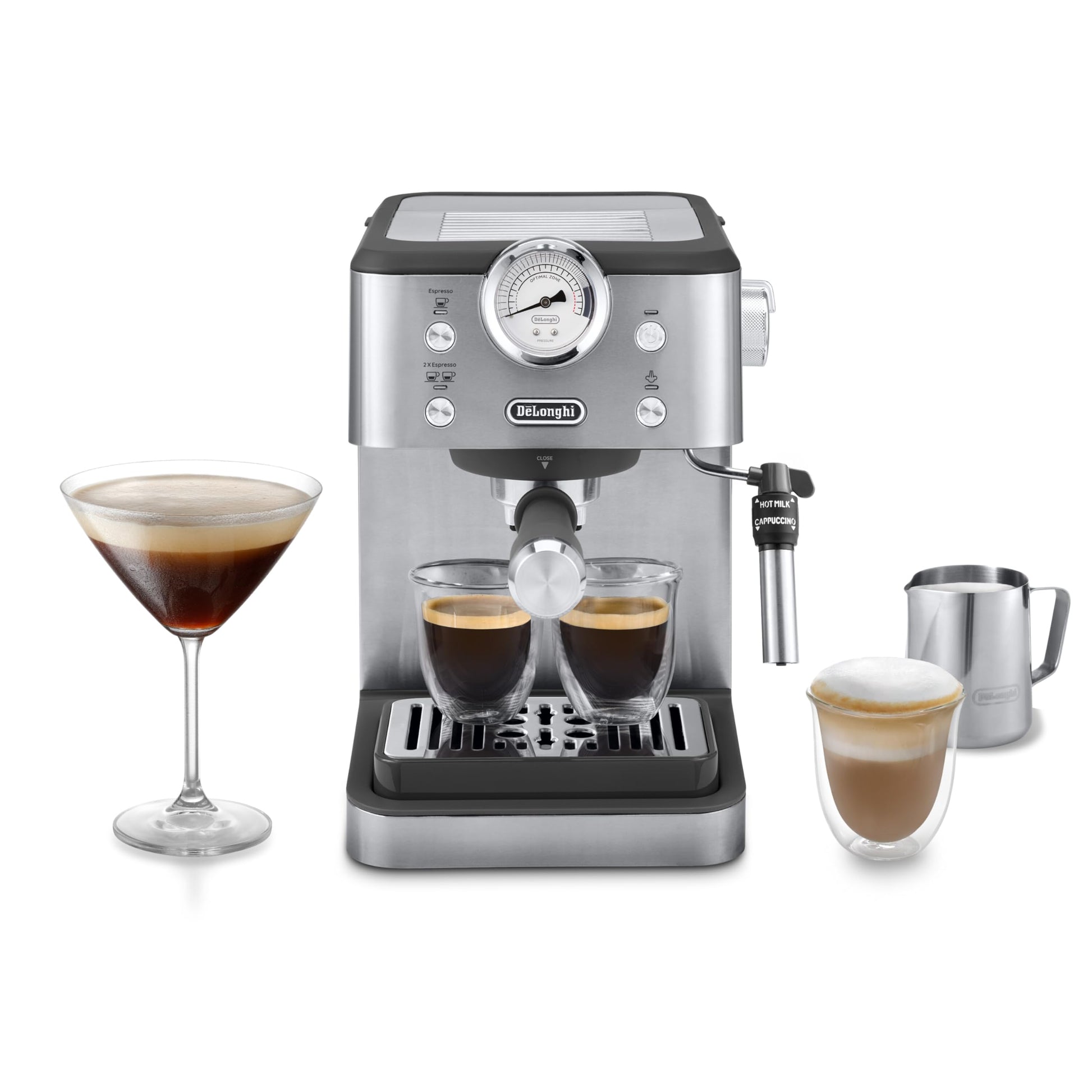 De'Longhi Classic EM450.M Siebträgermaschine - Edelstahl. Rechteckige Maschine aus glänzendem Edelstahl. Brüht Espresso für Kaffee.