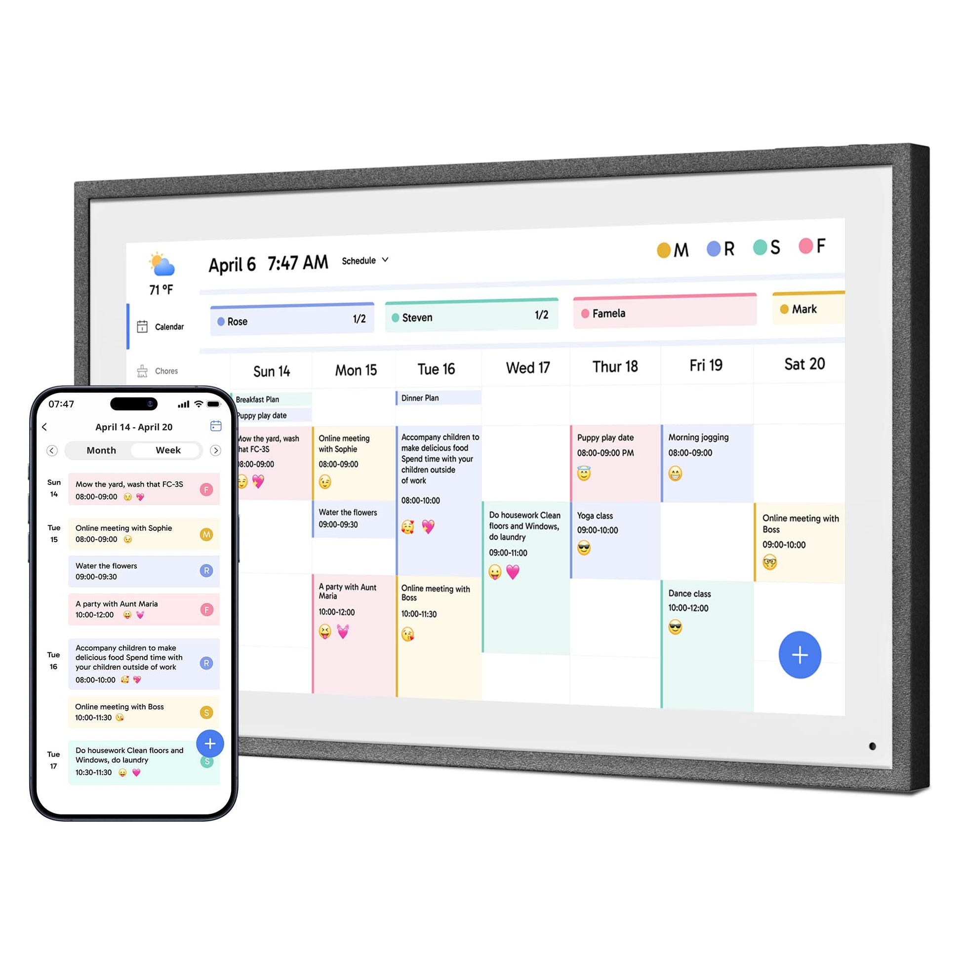 Dragon Touch 21.5 Zoll Digitaler Wandkalender - Schwarz. Rechteckiges, schwarzes Display, das digitale Kalenderdaten anzeigt.