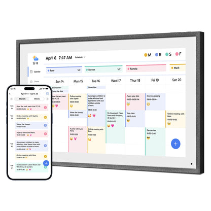 Dragon Touch 21.5 Zoll Digitaler Wandkalender - Schwarz. Rechteckiges, schwarzes Display, das digitale Kalenderdaten anzeigt.
