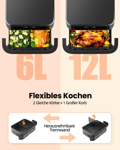 WELLENT Heissluftfritteuse 12L Dual Zone Airfryer XXL Doppelkammer