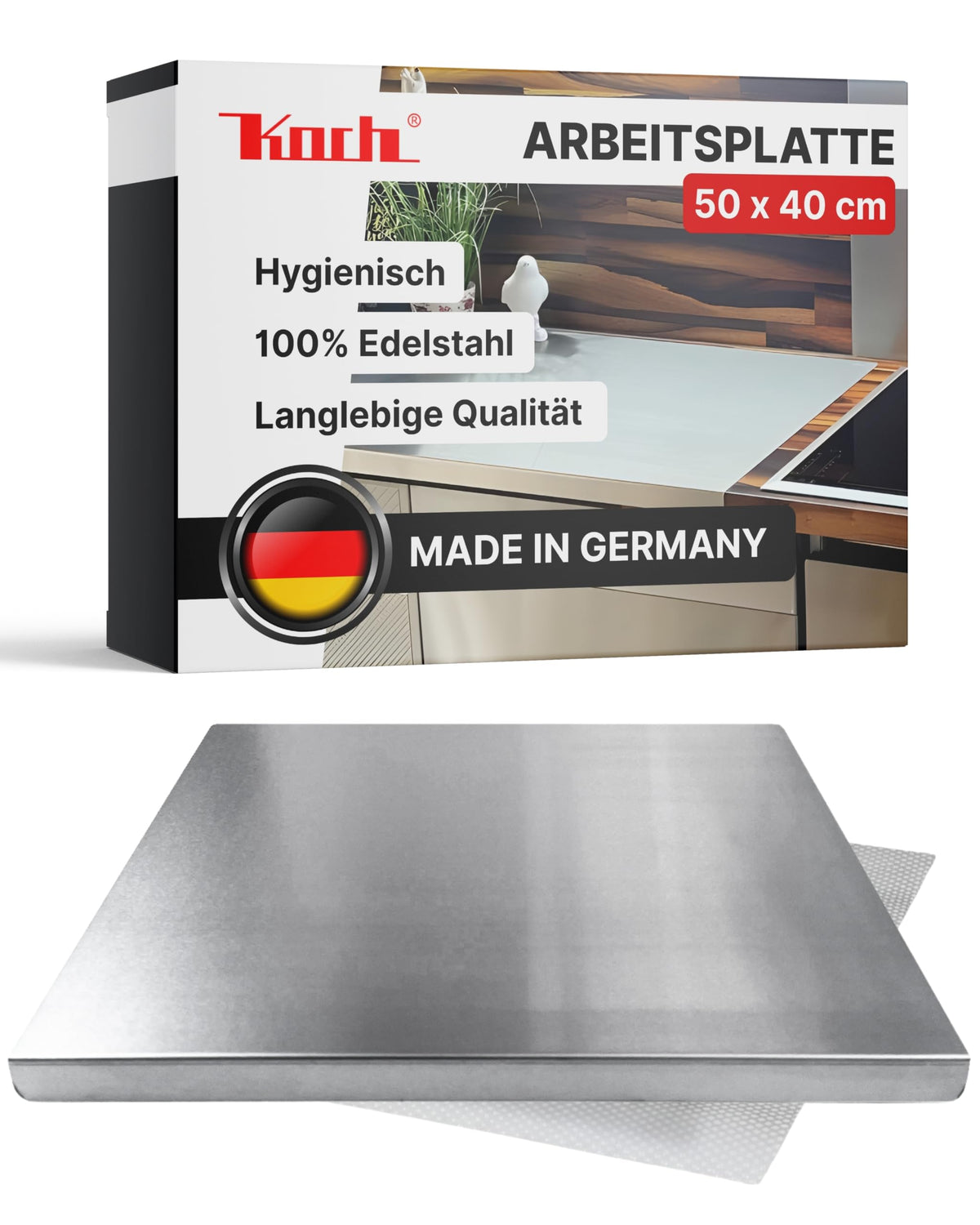 Koch Arbeitsplatte Edelstahl 50 x 40 cm Schneidebrett & Knetbrett mit Anschlagkante, satinierte Oberfläche