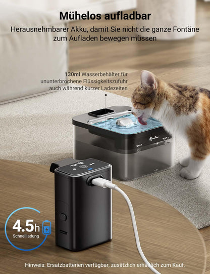 DownyPaws Trinkbrunnen für Katzen kabellos, 2,5 L, Edelstahl, schwarz