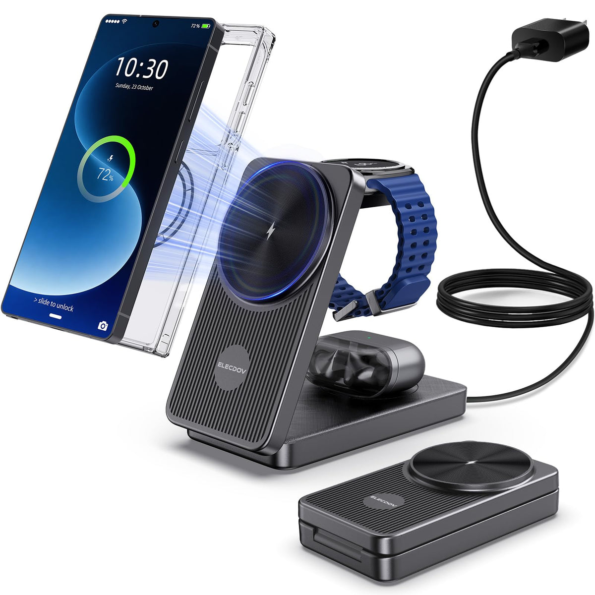 Elecdov 3-in-1 MagSafe Ladestation für Samsung Galaxy S26 Ultra, faltbar, lädt Smartphone, Watch und Buds kabellos