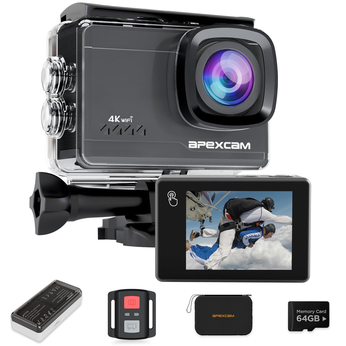 Apexcam M90 Action Cam 4K 60FPS 64MP WLAN wasserdicht mit Zubehör-Set, Touchscreen und Fernbedienung