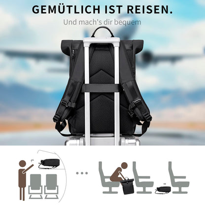 BJIAX Rolltop Rucksack wasserdicht, 17,3 Zoll Laptopfach, schwarz