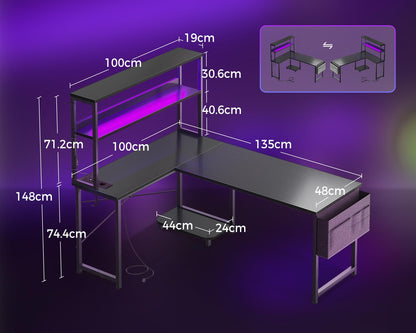 Coleshome Gaming Tisch L-Form mit LED und Steckdosen, Schwarz
