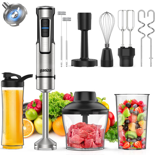 Ganiza 10-in-1 Stabmixer 1200W mit Doppel-Milchaufschäumer. Schlankes Gerät zum Pürieren, Zerkleinern und Milchaufschäumen.