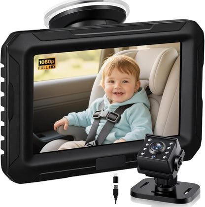 Zacro Baby Kamera Auto 1080P, Rücksitzspiegel mit Nachtsicht, USB-C – Monitor mit Saugnapfhalterung
