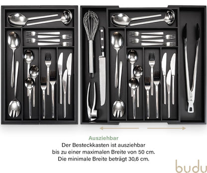 budu Besteckkasten #47 aus Bambus, Schwarz, ausziehbar, Tiefe 47 cm