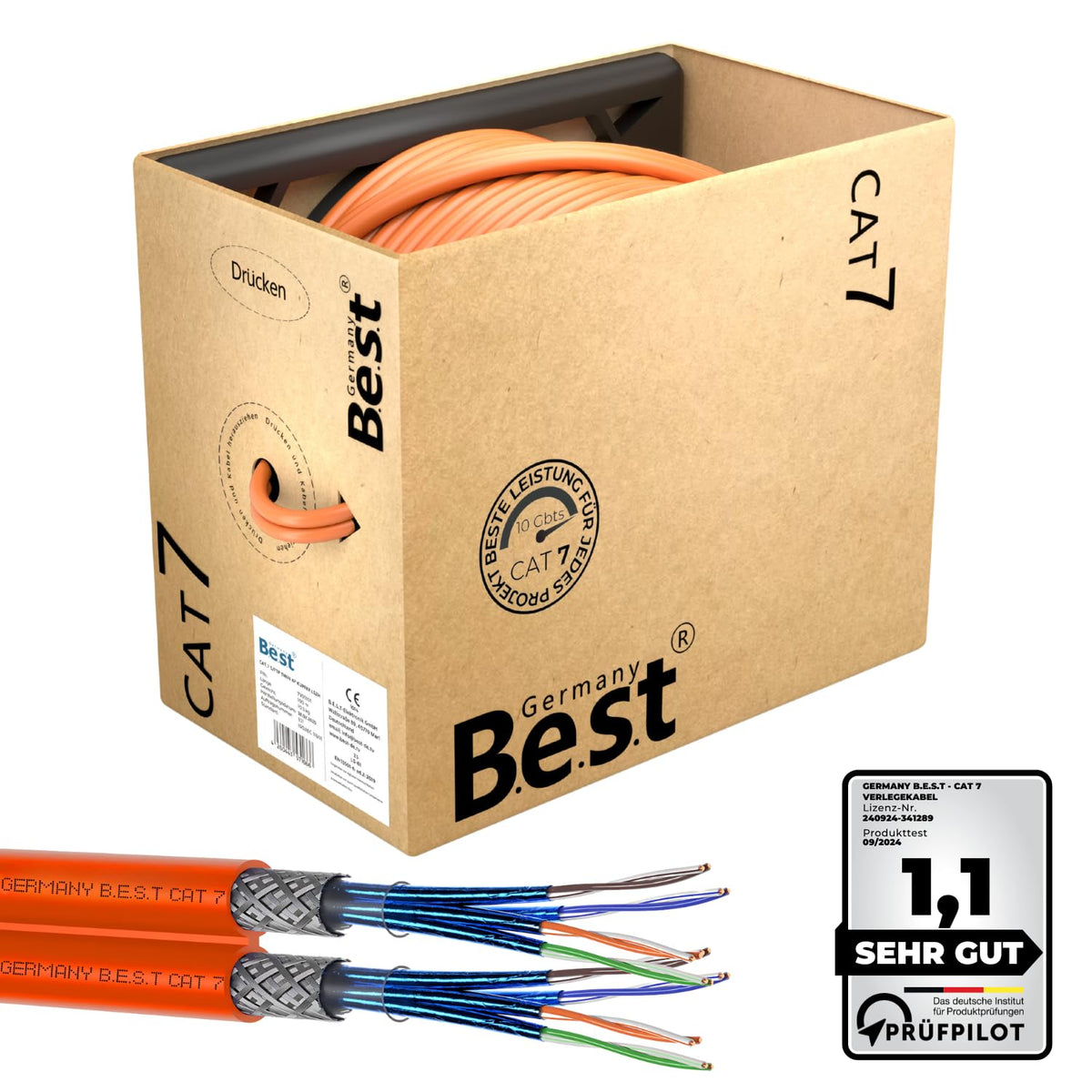 Germany Best CAT 7 Duplex Verlegekabel S/FTP LAN Kabel 100m, graue Kabelrolle. Für feste Installationen in Datennetzwerken.