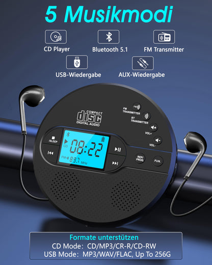 Greadio CD-35 Tragbarer CD-Player mit Bluetooth und FM-Transmitter