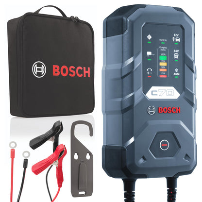 Bosch C70 Autobatterie-Ladegerät – 10A Erhaltungsladung 12V/24V: Kompaktes, blau-schwarzes Gerät. Lädt und pflegt 12V/24V Autobatterien.