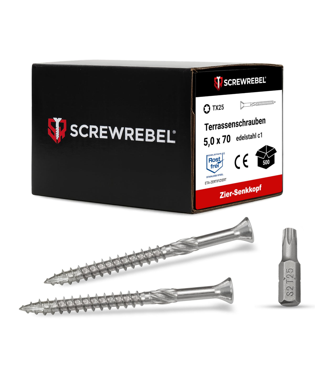 SCREW REBEL Terrassenschraube ST-FIX Edelstahl C1 5 x 70 mm 500 Stück, Zier-Senkkopf, TX-25-Antrieb
