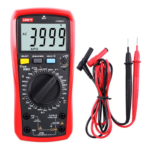UNI-T UT890D+ Digitalmultimeter True RMS AC/DC mit NCV, rote Schutzhülle, LCD-Hintergrundbeleuchtung