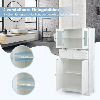 COSTWAY Badschrank mit 2 Schubladen, 4 Türen, Regale verstellbar - Weiss