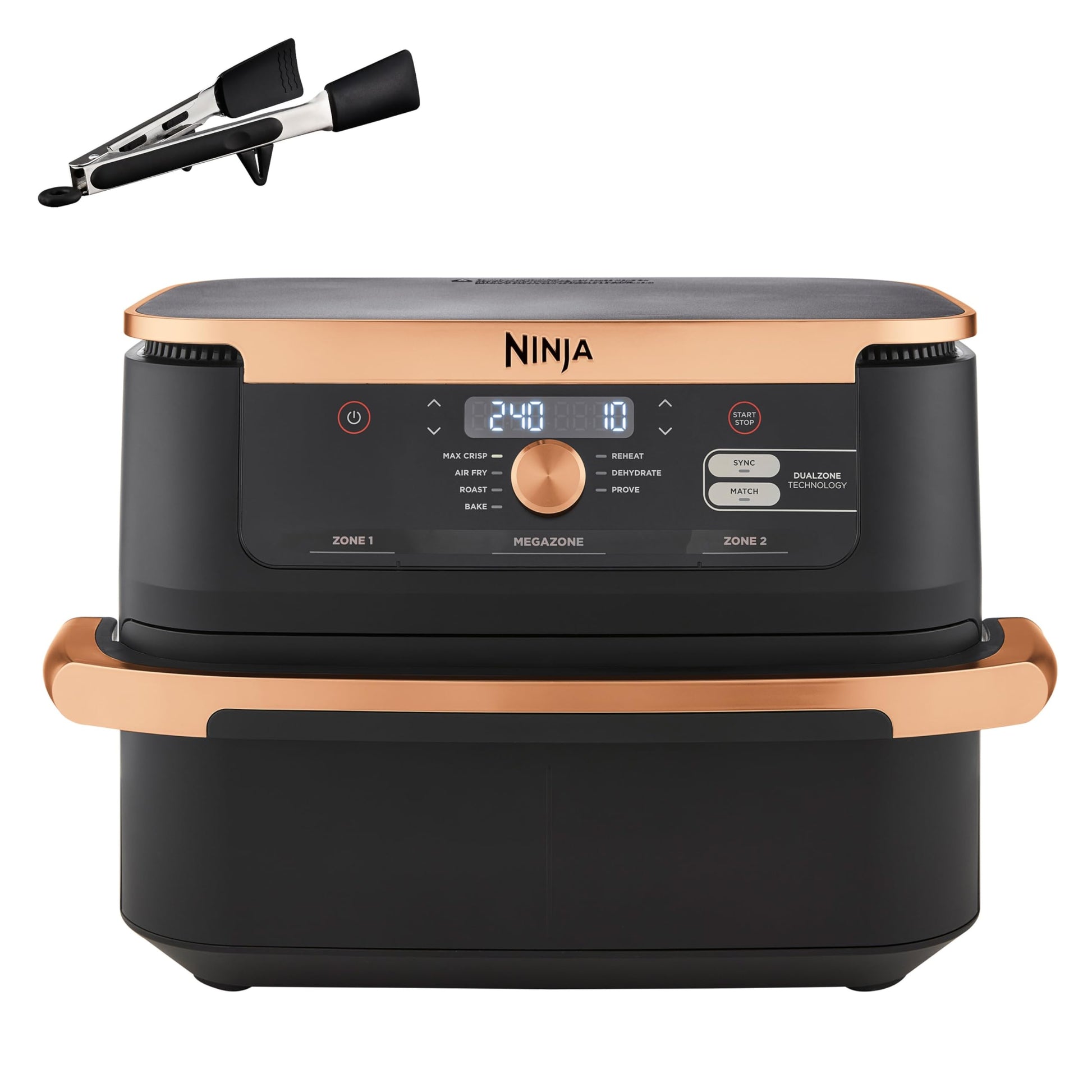 Ninja Foodi FlexDrawer Dual Zone Heissluftfritteuse - AF500EUCP. Schwarzes Gerät mit flexiblem Garraum (Dual Zone). Zum fettarmen Frittieren & Kochen.