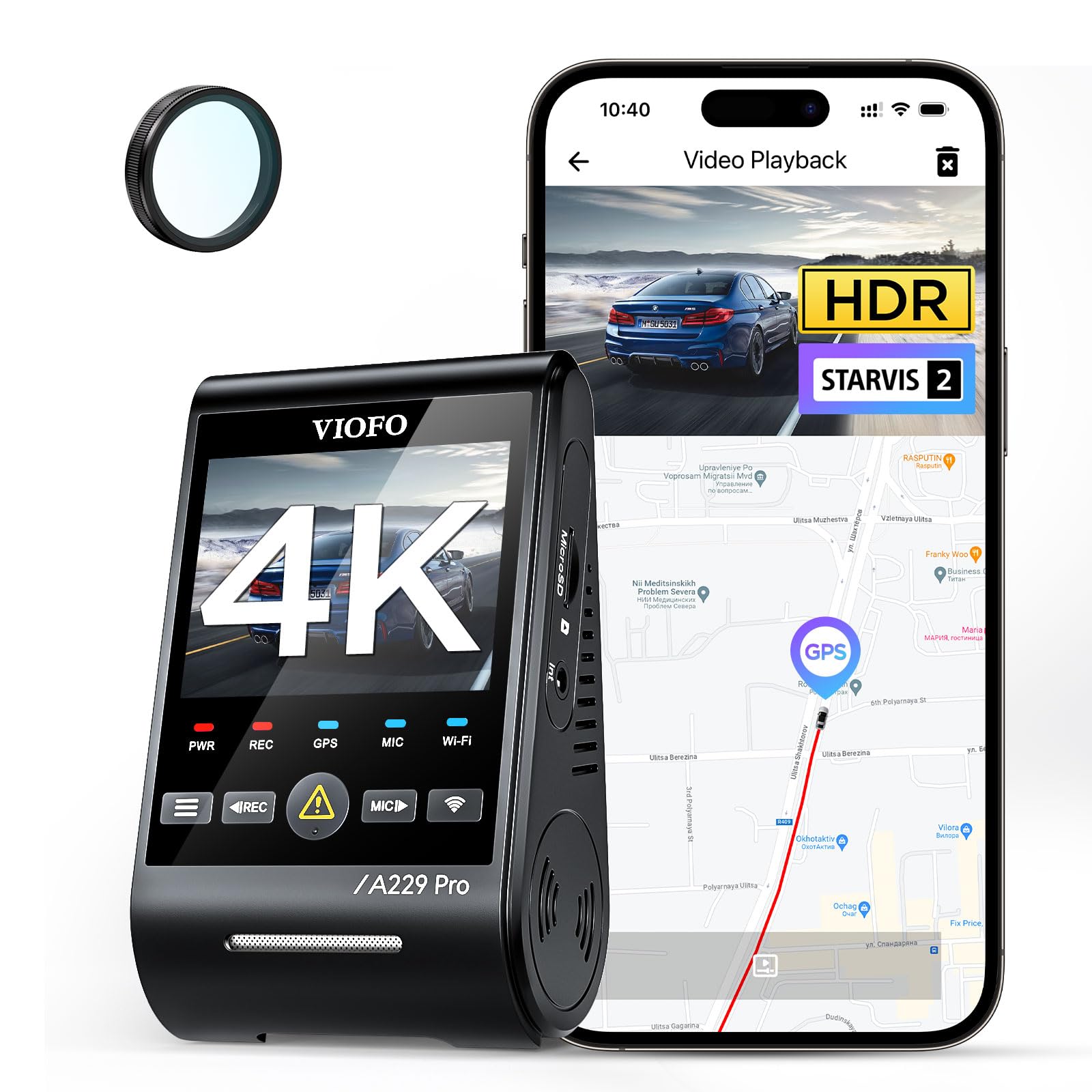 VIOFO A229 Pro Dashcam - 1-Kanal 4K STARVIS 2 HDR, schwarz, rechteckig. Zur Videoaufzeichnung der Fahrt im Fahrzeug.