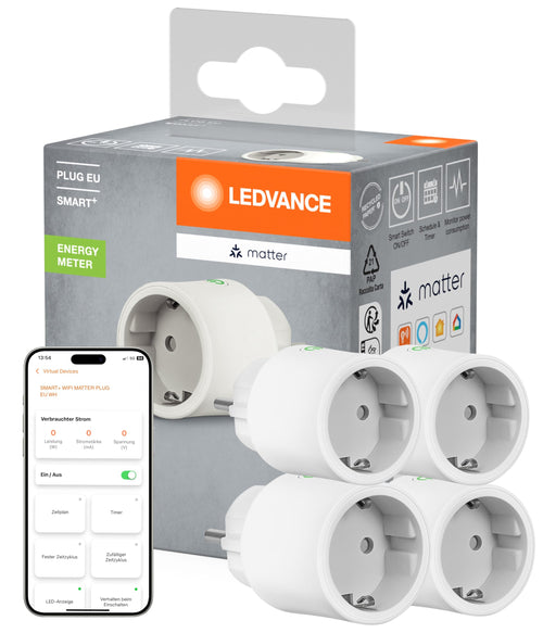 LEDVANCE SMART+ Indoor Plug Smarte Steckdose 4er-Set weiss: Vier rechteckige, weisse Smart Plugs zur Fernsteuerung von Elektrogeräten in Innenräumen.
