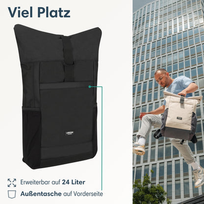 LARKSON Rolltop Rucksack No 2 Schwarz, Daypack mit 16 Zoll Laptopfach