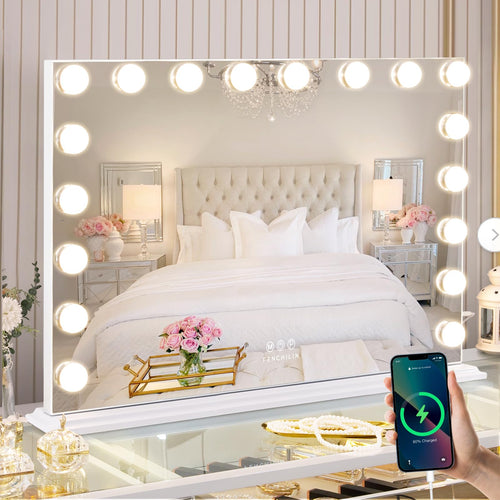 FENCHILIN Hollywood Schminkspiegel LED USB - Gross Weiss. Grosser, weisser Spiegel mit dimmbarer LED-Beleuchtung für präzises Make-up.