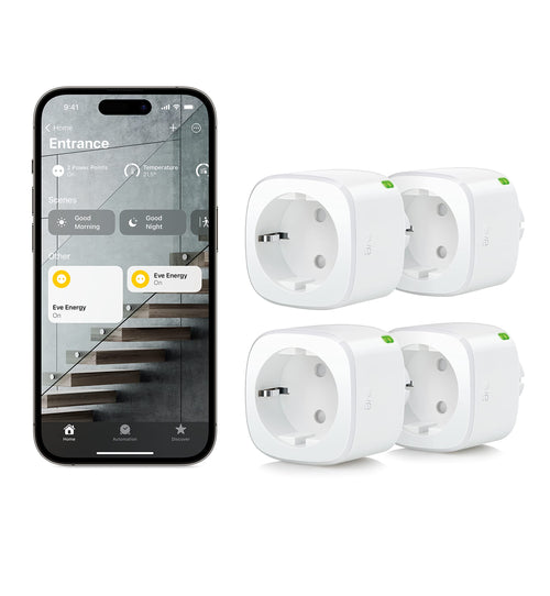 Eve Energy Matter Smarte Steckdose für Smart Home 4er Set: Vier kompakte, weiße Adapter steuern die Stromversorgung von Geräten im Matter-Smart Home.