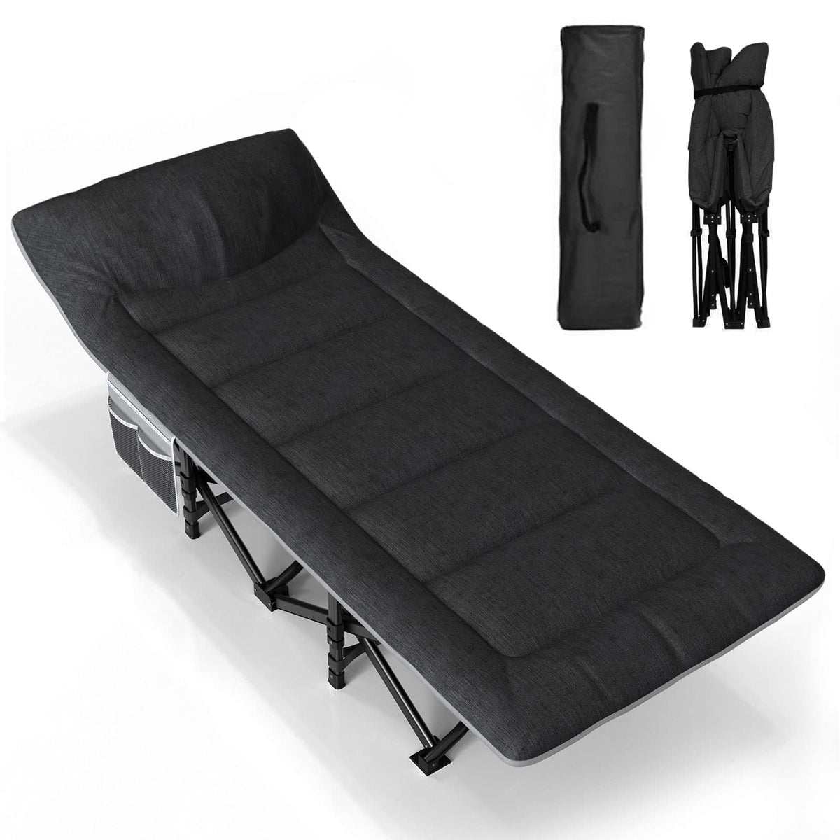 ATORPOK Campingbett Feldbett klappbar extra breit - Schwarz. Rechteckige, schwarze Liegefläche auf robustem Rahmen, klappbar, zur Nutzung als Schlafgelegenheit im Zelt oder Zuhause.