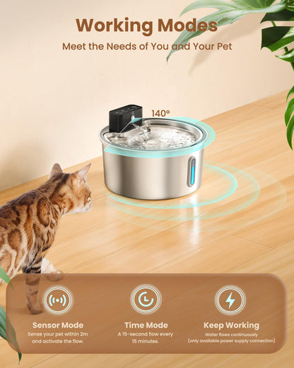 PawPoll Katzenbrunnen kabellos mit Bewegungsmelder, 3,2 L Edelstahl