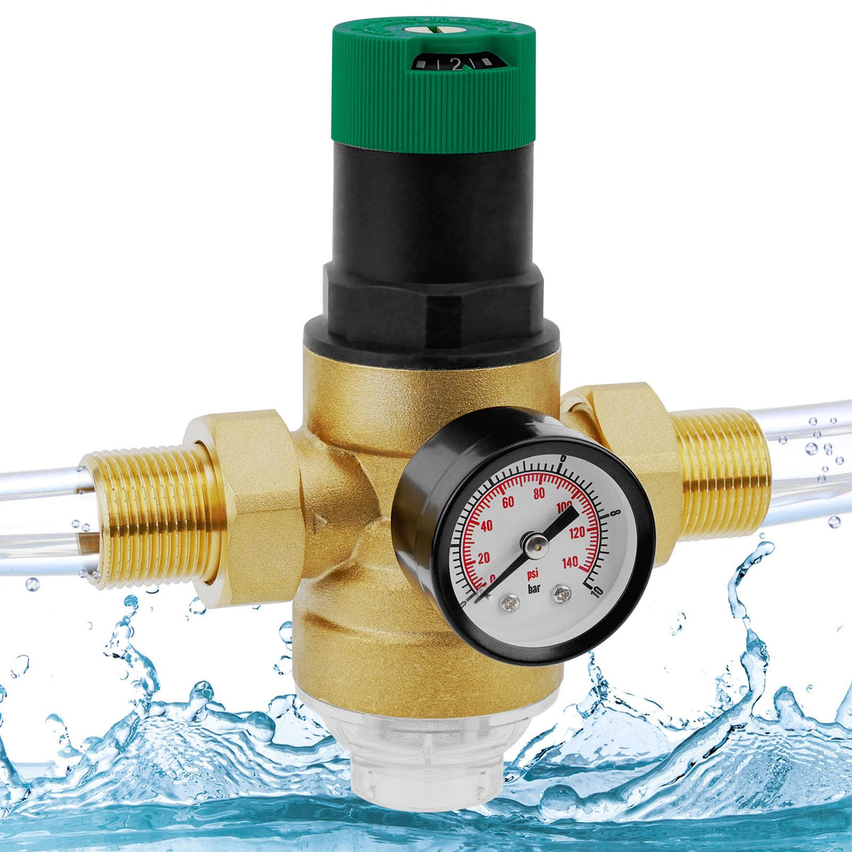 Zroden Druckminderer 3/4 Zoll mit Manometer und Siebfilter, Messing, Druckanzeige und Einstellknopf oben