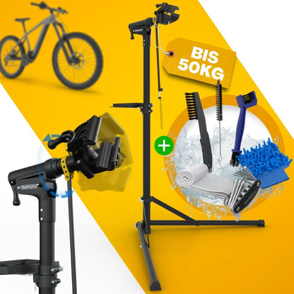 Tarpofix Schwerlast Fahrrad Montageständer bis 50kg E-Bike. Robuster, schwarzer Montageständer; fixiert Fahrräder für Wartung/Reparatur.