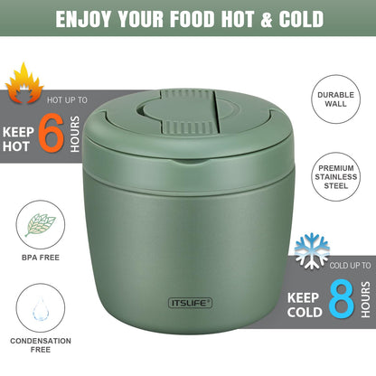 Itslife Thermobehälter für Essen 970 ml Edelstahl mit Löffel, Grün