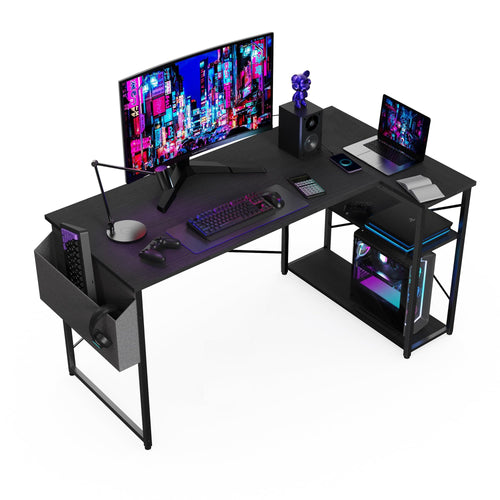 BEXEVUE L-förmiger Gaming Tisch - 100x70 cm Schwarz mit Ablagen. Schwarzer L-Schreibtisch mit Ablagen für Gaming-PCs.