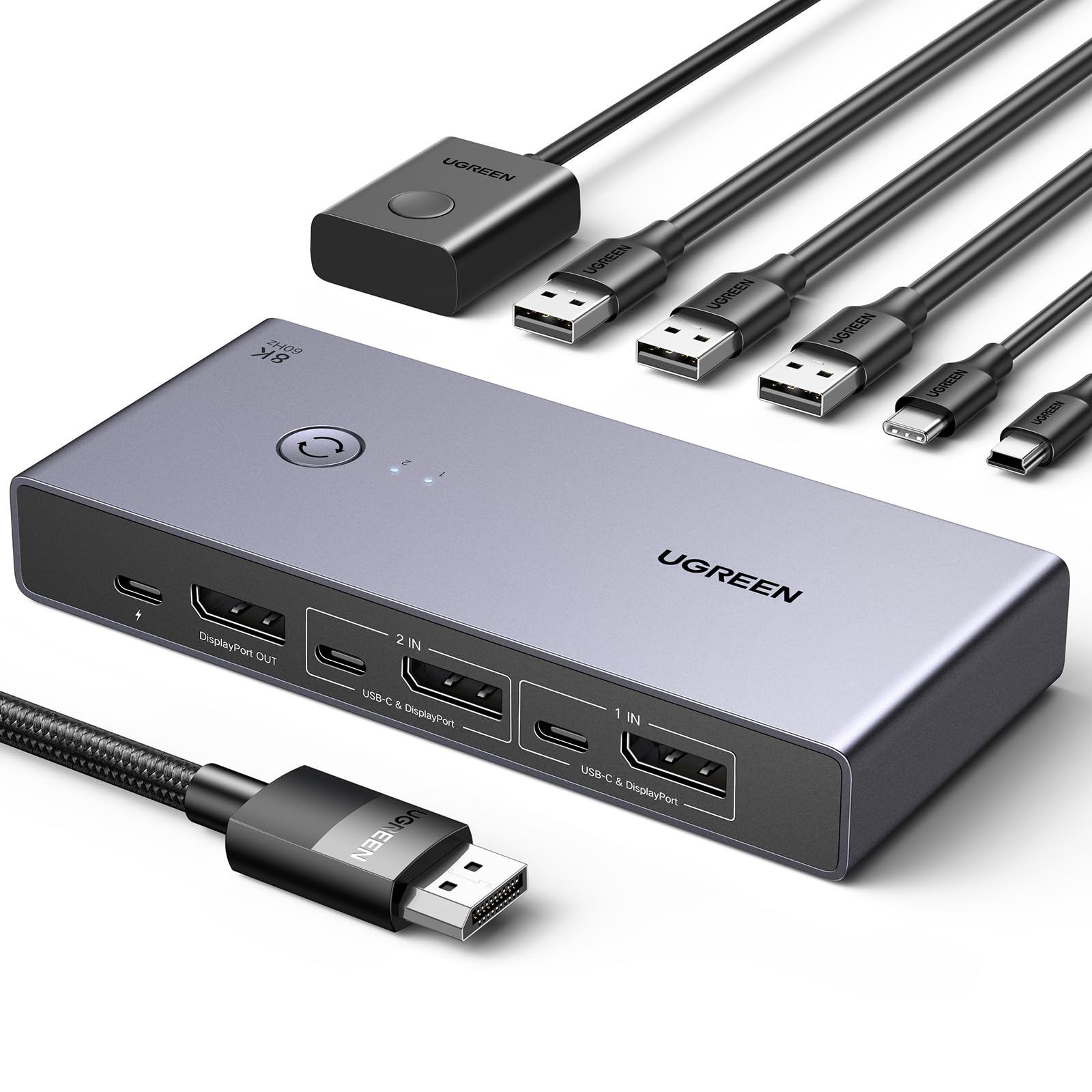 UGREEN Displayport KVM Switch 8K@60Hz DP 1.4 4-Port USB 3.0. Schaltet 4 DP 1.4 PCs zu einem Bildschirm & USB 3.0 Peripherie.