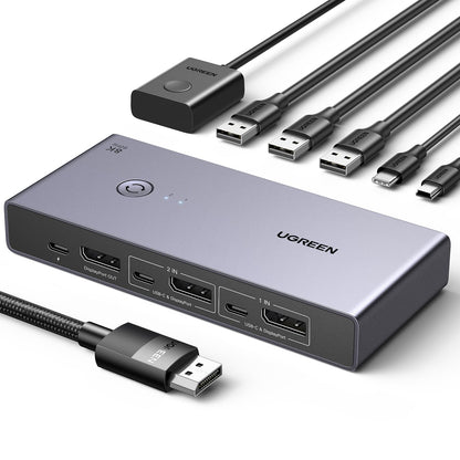 UGREEN Displayport KVM Switch 8K@60Hz DP 1.4 4-Port USB 3.0. Schaltet 4 DP 1.4 PCs zu einem Bildschirm & USB 3.0 Peripherie.