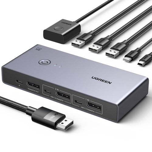 UGREEN Displayport KVM Switch 8K@60Hz DP 1.4 4-Port USB 3.0. Schaltet 4 DP 1.4 PCs zu einem Bildschirm & USB 3.0 Peripherie.