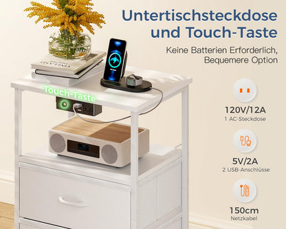 Coleshome Nachttisch Weiss mit Steckdose, USB und LED, 3 Schubladen
